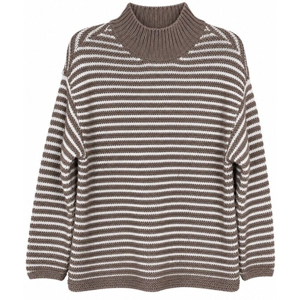 Haven Well Within Women’s S Oversized Taupe Ivory Stripe Mock Neck Knit Fall